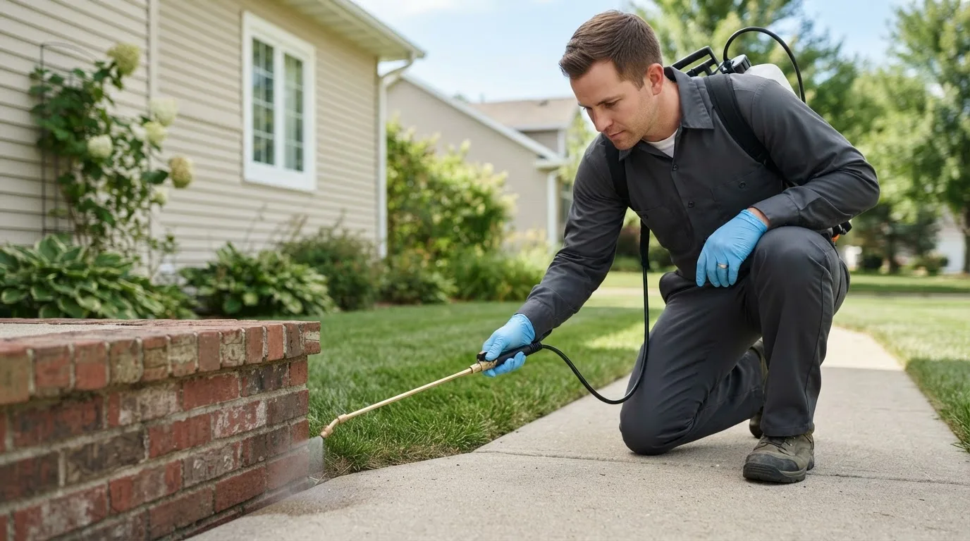 Pest control technician treating a home near Bear River City, UT